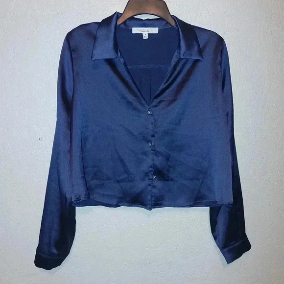 Sweet Rain Crop Button Down Navy Blue Blouse Bling Buttons. Holiday Christmas - Picture 1 of 5